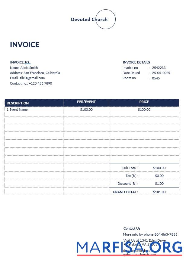 Blank Church Service Invoice Template